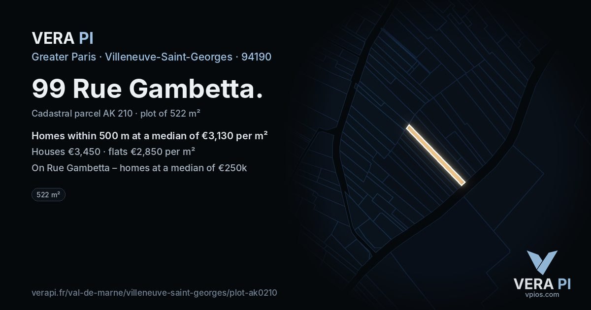 99 Rue Gambetta, Villeneuve-Saint-Georges at night – the plot lit, the parcels around coloured by the prices near them