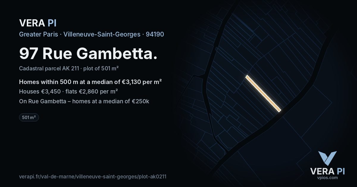 97 Rue Gambetta, Villeneuve-Saint-Georges at night – the plot lit, the parcels around coloured by the prices near them