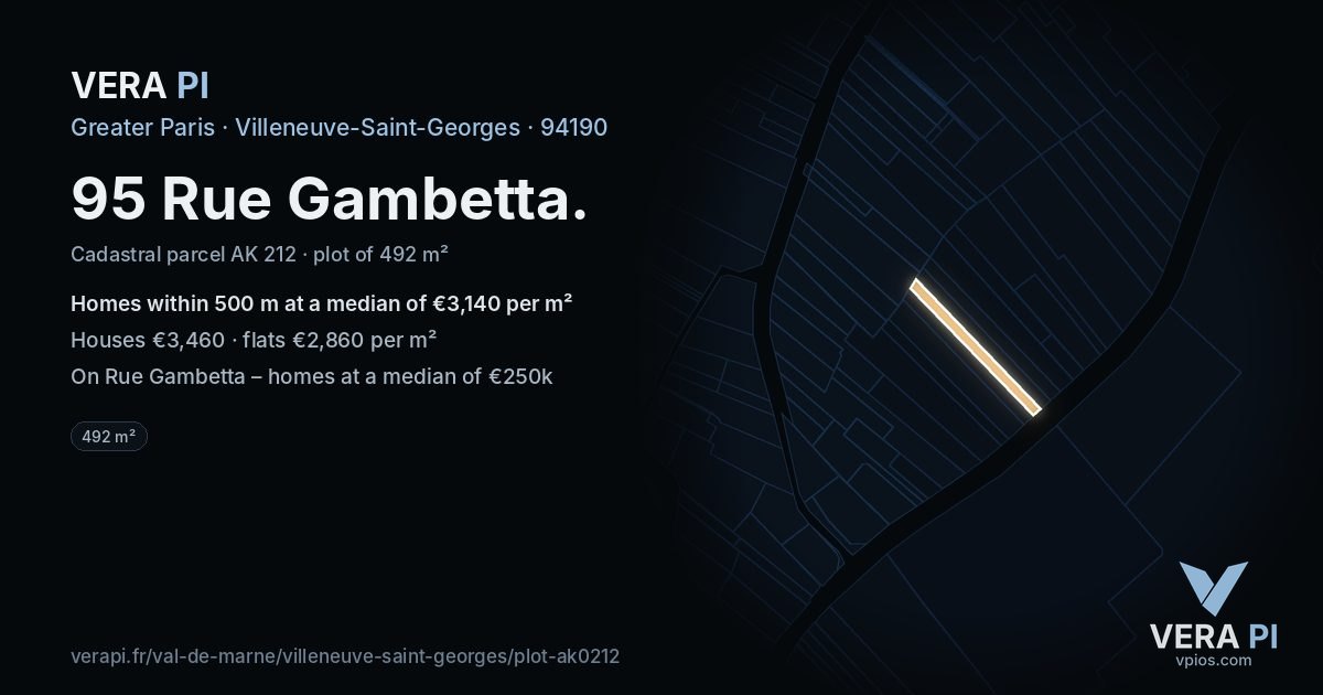 95 Rue Gambetta, Villeneuve-Saint-Georges at night – the plot lit, the parcels around coloured by the prices near them