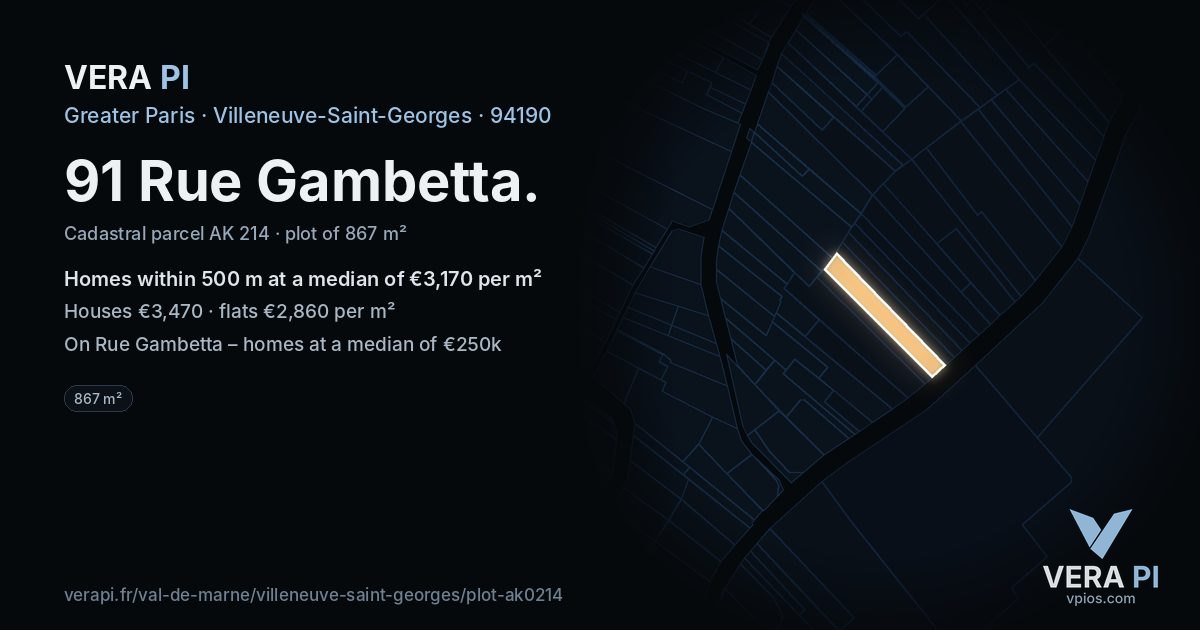 91 Rue Gambetta, Villeneuve-Saint-Georges at night – the plot lit, the parcels around coloured by the prices near them