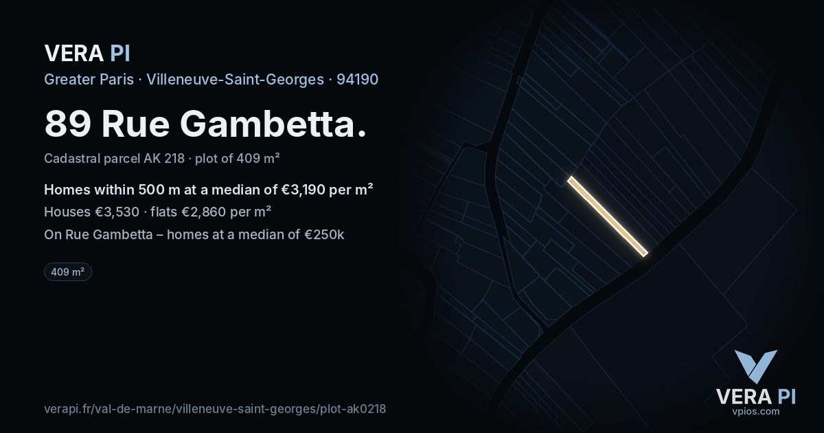 89 Rue Gambetta, Villeneuve-Saint-Georges at night – the plot lit, the parcels around coloured by the prices near them