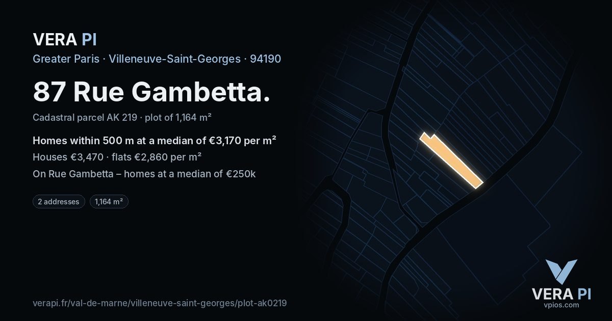 87 Rue Gambetta, Villeneuve-Saint-Georges at night – the plot lit, the parcels around coloured by the prices near them