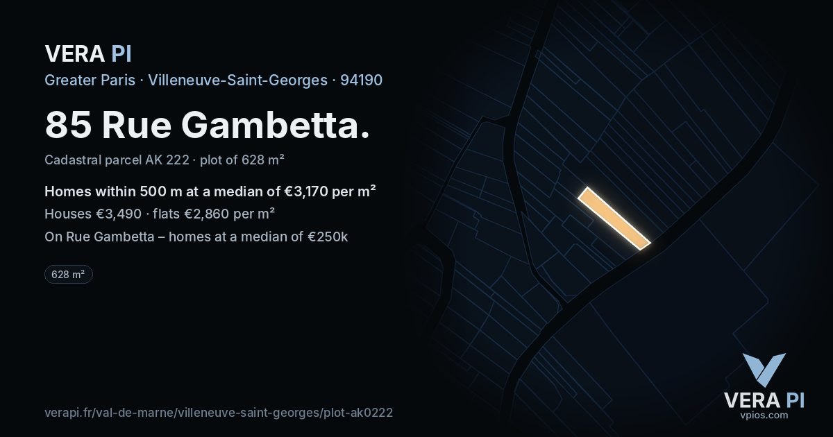 85 Rue Gambetta, Villeneuve-Saint-Georges at night – the plot lit, the parcels around coloured by the prices near them