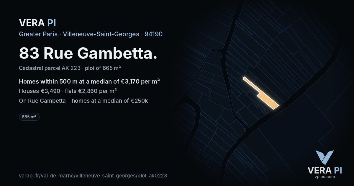 83 Rue Gambetta, Villeneuve-Saint-Georges at night – the plot lit, the parcels around coloured by the prices near them