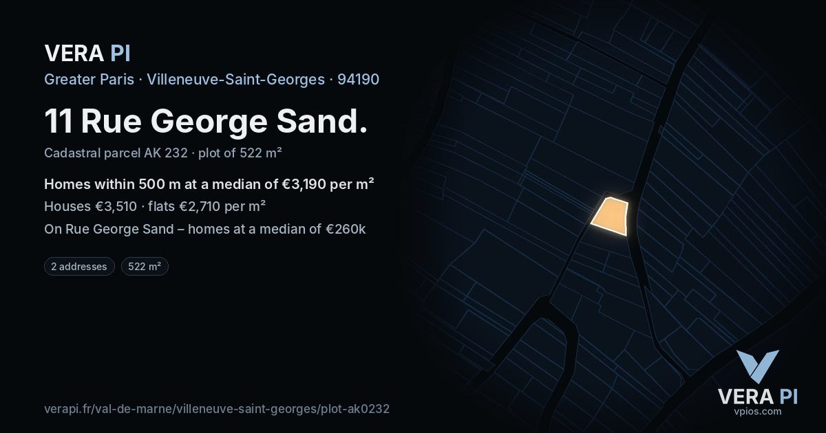 11 Rue George Sand, Villeneuve-Saint-Georges at night – the plot lit, the parcels around coloured by the prices near them