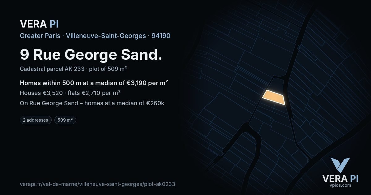 9 Rue George Sand, Villeneuve-Saint-Georges at night – the plot lit, the parcels around coloured by the prices near them