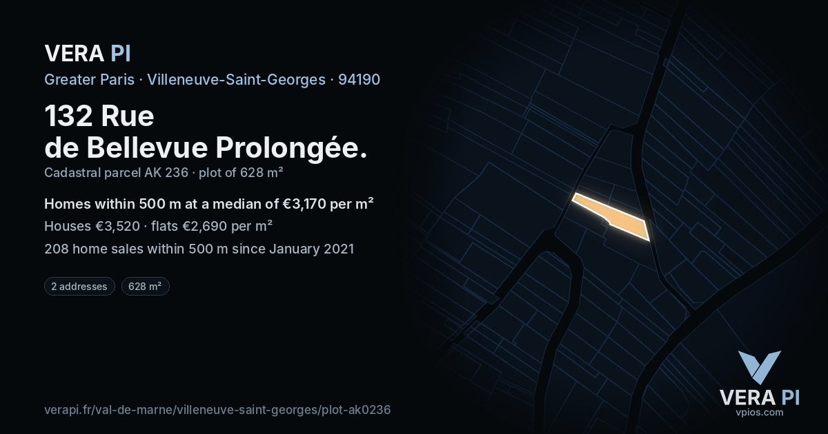 132 Rue de Bellevue Prolongée, Villeneuve-Saint-Georges at night – the plot lit, the parcels around coloured by the prices near them