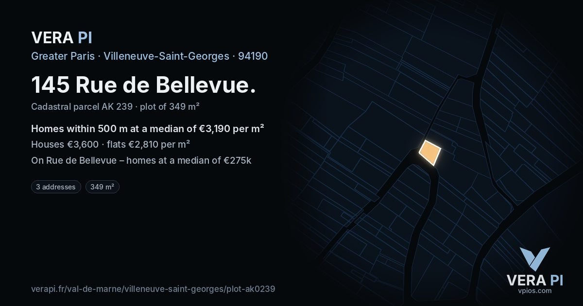 145 Rue de Bellevue, Villeneuve-Saint-Georges at night – the plot lit, the parcels around coloured by the prices near them