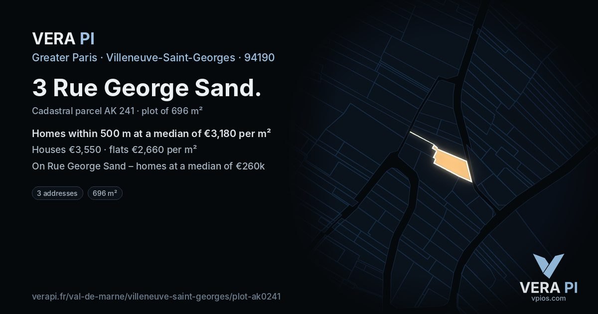 3 Rue George Sand, Villeneuve-Saint-Georges at night – the plot lit, the parcels around coloured by the prices near them