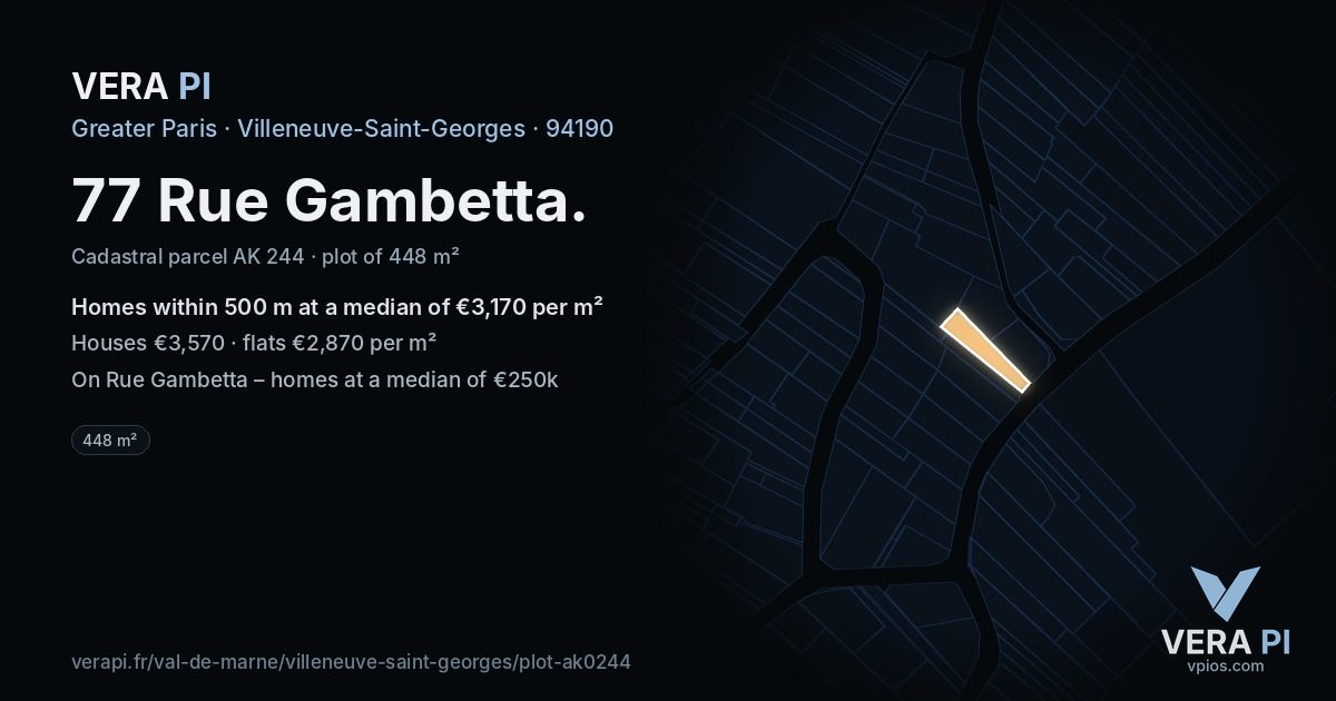 77 Rue Gambetta, Villeneuve-Saint-Georges at night – the plot lit, the parcels around coloured by the prices near them