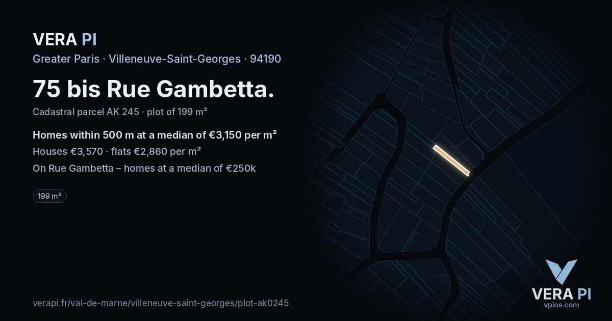 75 bis Rue Gambetta, Villeneuve-Saint-Georges at night – the plot lit, the parcels around coloured by the prices near them