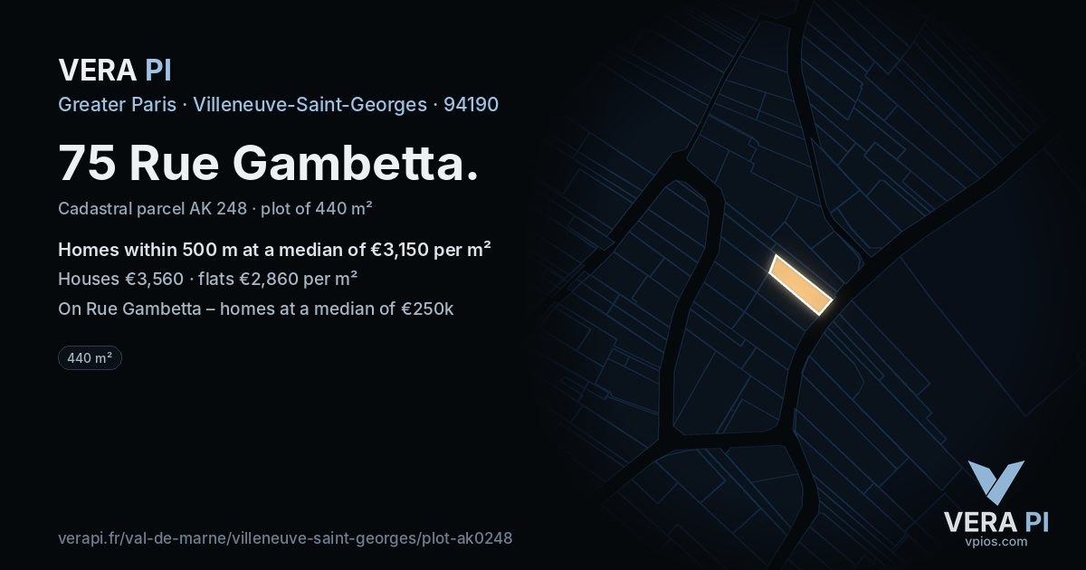 75 Rue Gambetta, Villeneuve-Saint-Georges at night – the plot lit, the parcels around coloured by the prices near them