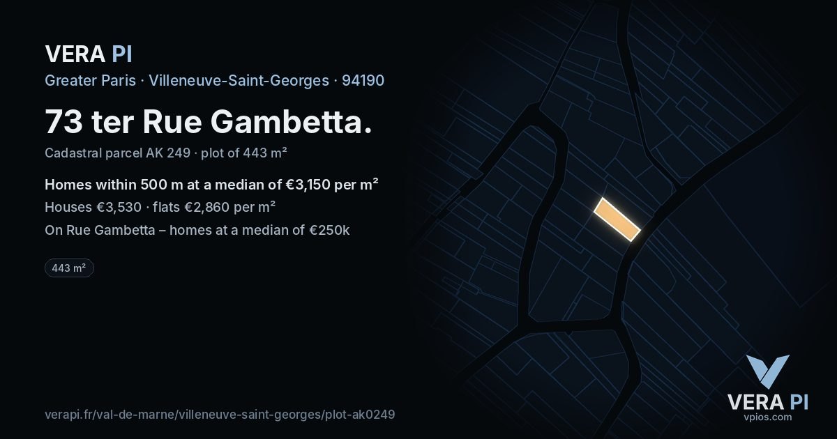 73 ter Rue Gambetta, Villeneuve-Saint-Georges at night – the plot lit, the parcels around coloured by the prices near them
