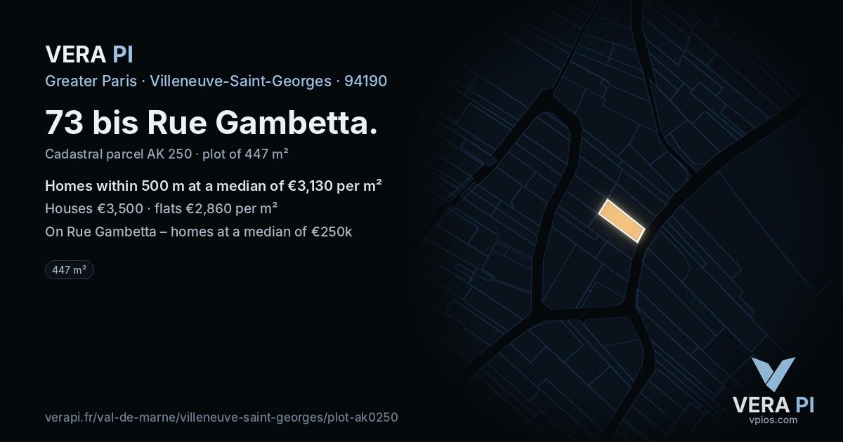 73 bis Rue Gambetta, Villeneuve-Saint-Georges at night – the plot lit, the parcels around coloured by the prices near them