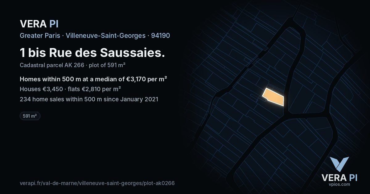 1 bis Rue des Saussaies, Villeneuve-Saint-Georges at night – the plot lit, the parcels around coloured by the prices near them