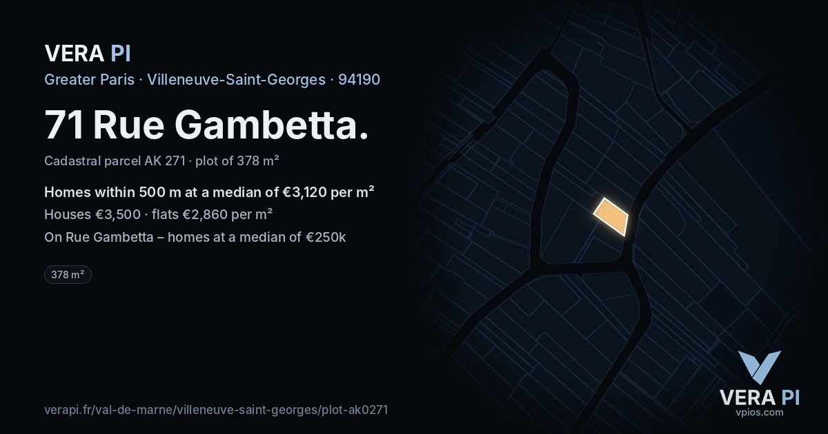 71 Rue Gambetta, Villeneuve-Saint-Georges at night – the plot lit, the parcels around coloured by the prices near them