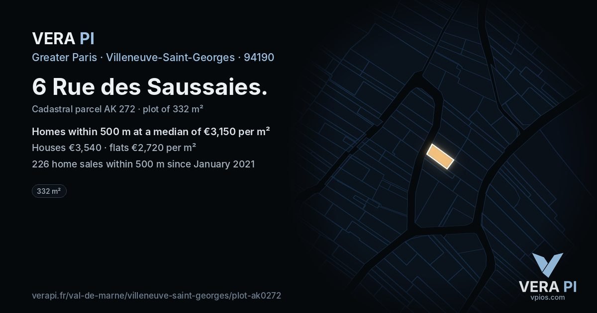 6 Rue des Saussaies, Villeneuve-Saint-Georges at night – the plot lit, the parcels around coloured by the prices near them
