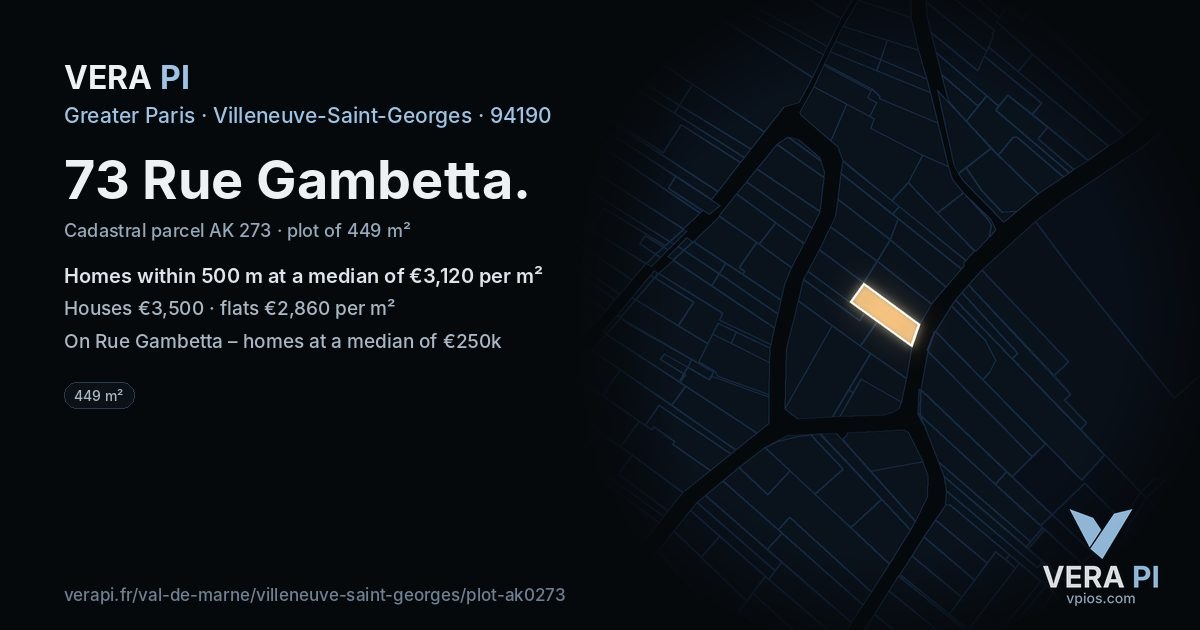73 Rue Gambetta, Villeneuve-Saint-Georges at night – the plot lit, the parcels around coloured by the prices near them