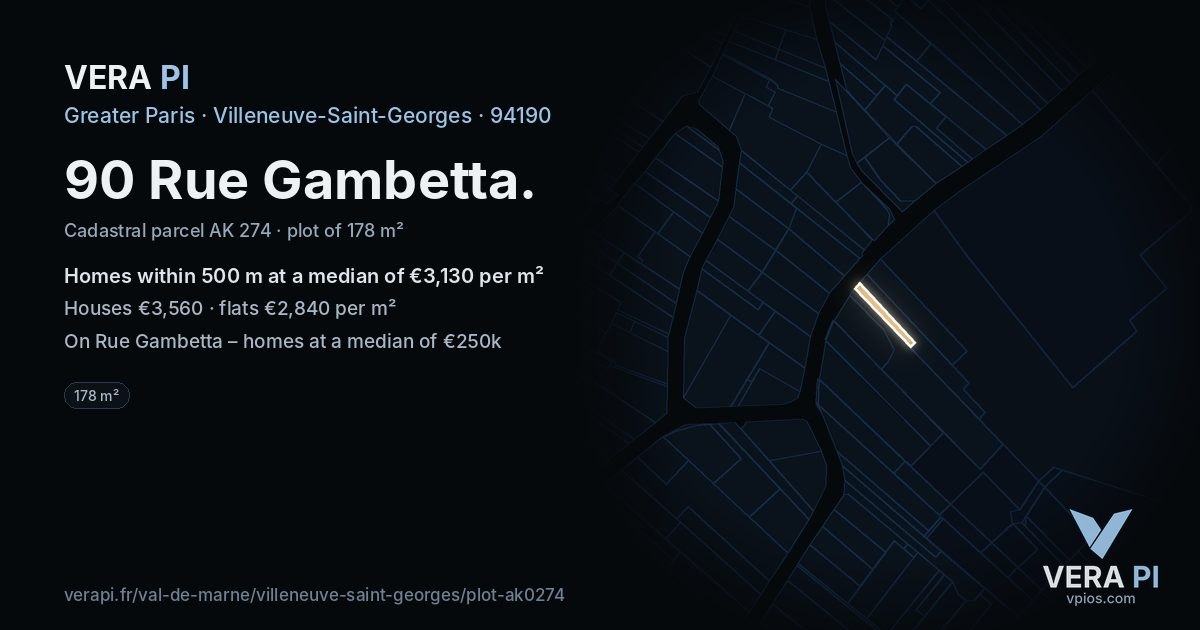 90 Rue Gambetta, Villeneuve-Saint-Georges at night – the plot lit, the parcels around coloured by the prices near them