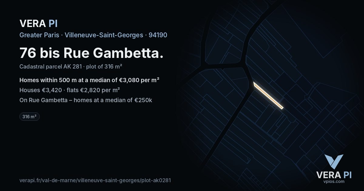 76 bis Rue Gambetta, Villeneuve-Saint-Georges at night – the plot lit, the parcels around coloured by the prices near them