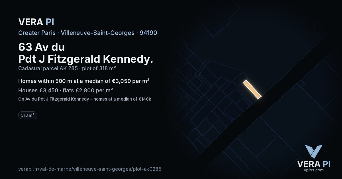 63 Av du Pdt J Fitzgerald Kennedy, Villeneuve-Saint-Georges at night – the plot lit, the parcels around coloured by the prices near them