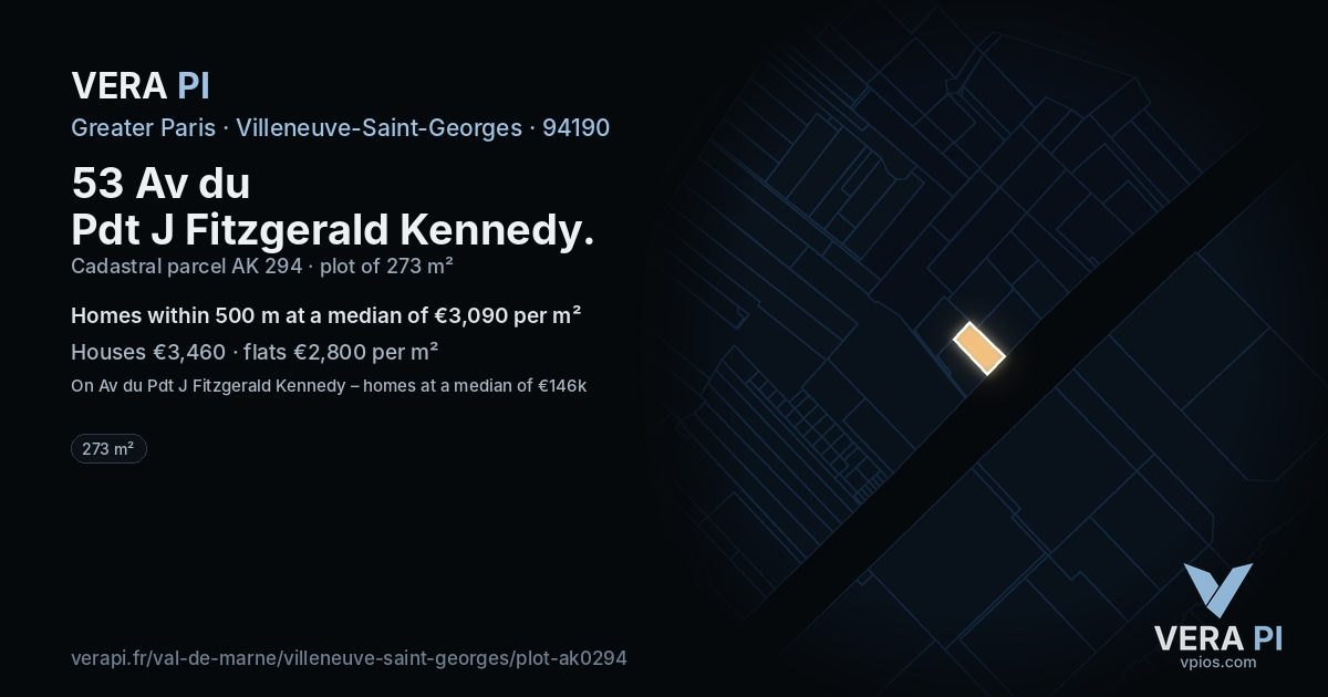 53 Av du Pdt J Fitzgerald Kennedy, Villeneuve-Saint-Georges at night – the plot lit, the parcels around coloured by the prices near them