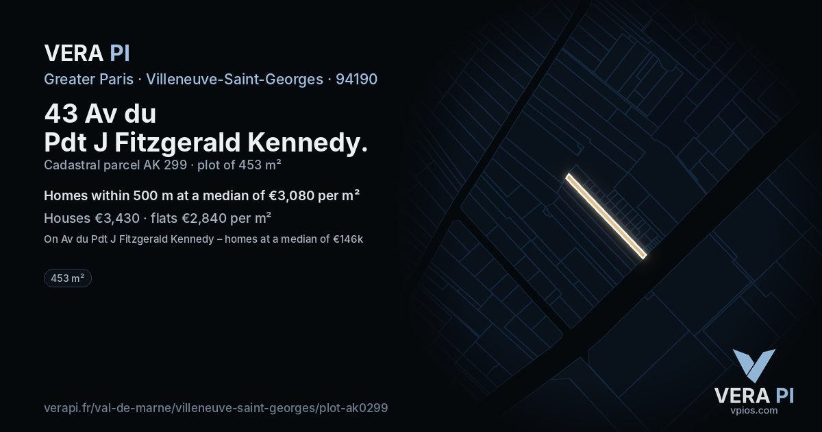 43 Av du Pdt J Fitzgerald Kennedy, Villeneuve-Saint-Georges at night – the plot lit, the parcels around coloured by the prices near them