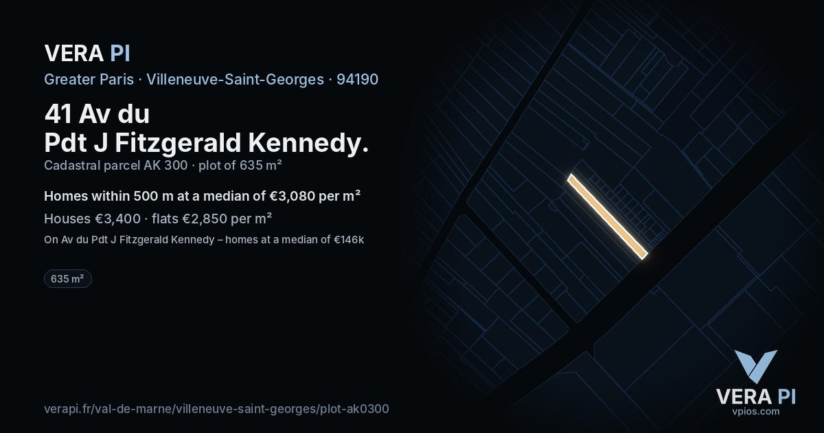 41 Av du Pdt J Fitzgerald Kennedy, Villeneuve-Saint-Georges at night – the plot lit, the parcels around coloured by the prices near them