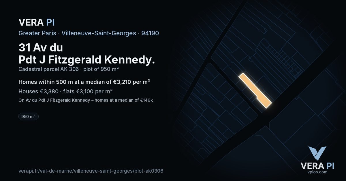 31 Av du Pdt J Fitzgerald Kennedy, Villeneuve-Saint-Georges at night – the plot lit, the parcels around coloured by the prices near them