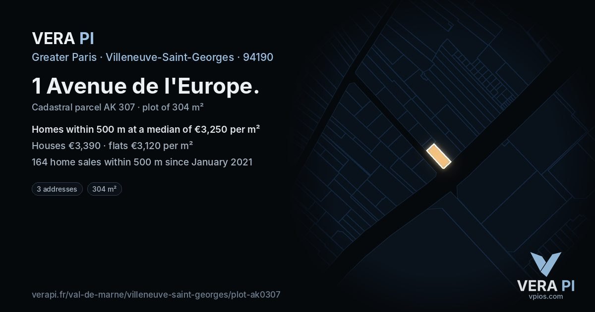 1 Avenue de l'Europe, Villeneuve-Saint-Georges at night – the plot lit, the parcels around coloured by the prices near them