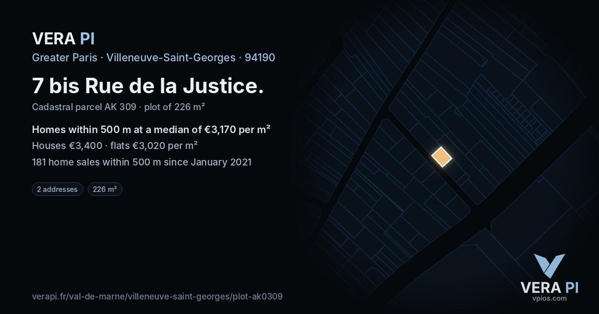 7 bis Rue de la Justice, Villeneuve-Saint-Georges at night – the plot lit, the parcels around coloured by the prices near them