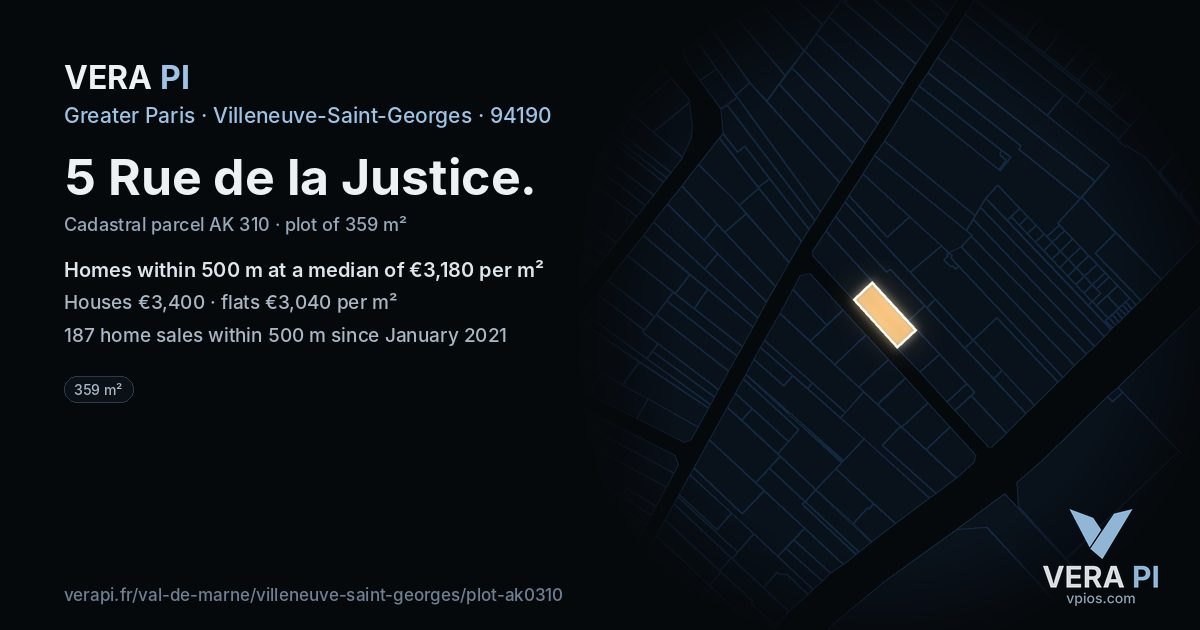 5 Rue de la Justice, Villeneuve-Saint-Georges at night – the plot lit, the parcels around coloured by the prices near them