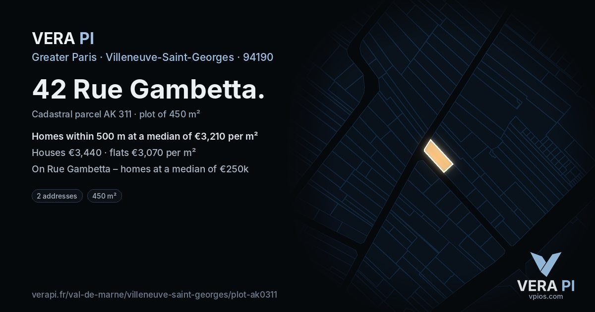 42 Rue Gambetta, Villeneuve-Saint-Georges at night – the plot lit, the parcels around coloured by the prices near them