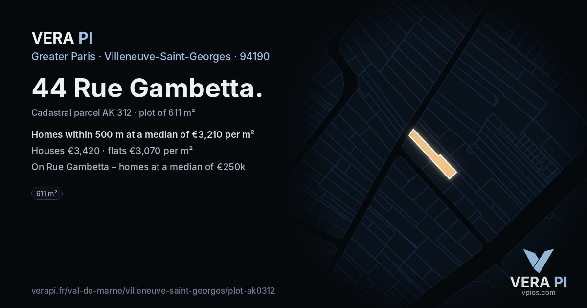 44 Rue Gambetta, Villeneuve-Saint-Georges at night – the plot lit, the parcels around coloured by the prices near them