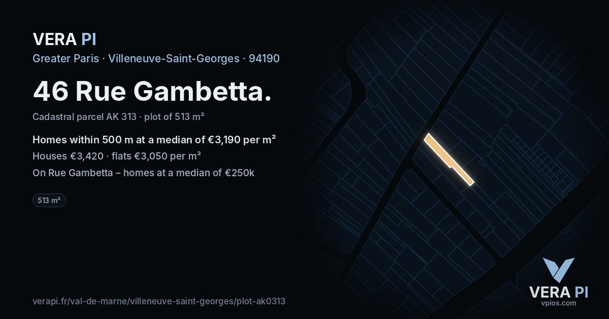 46 Rue Gambetta, Villeneuve-Saint-Georges at night – the plot lit, the parcels around coloured by the prices near them