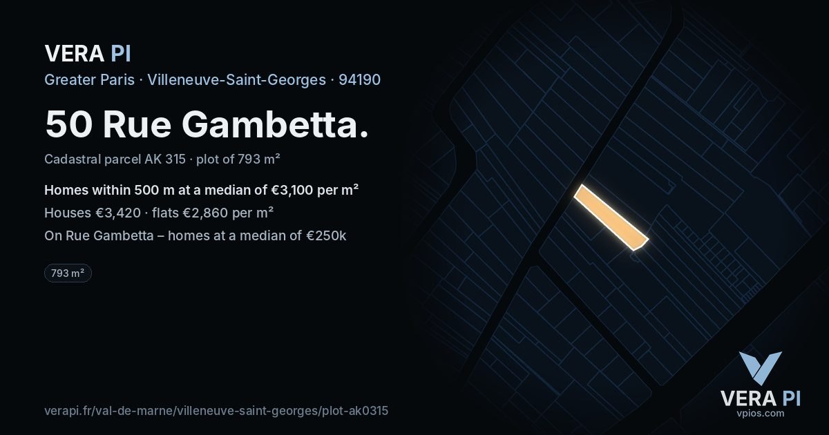 50 Rue Gambetta, Villeneuve-Saint-Georges at night – the plot lit, the parcels around coloured by the prices near them