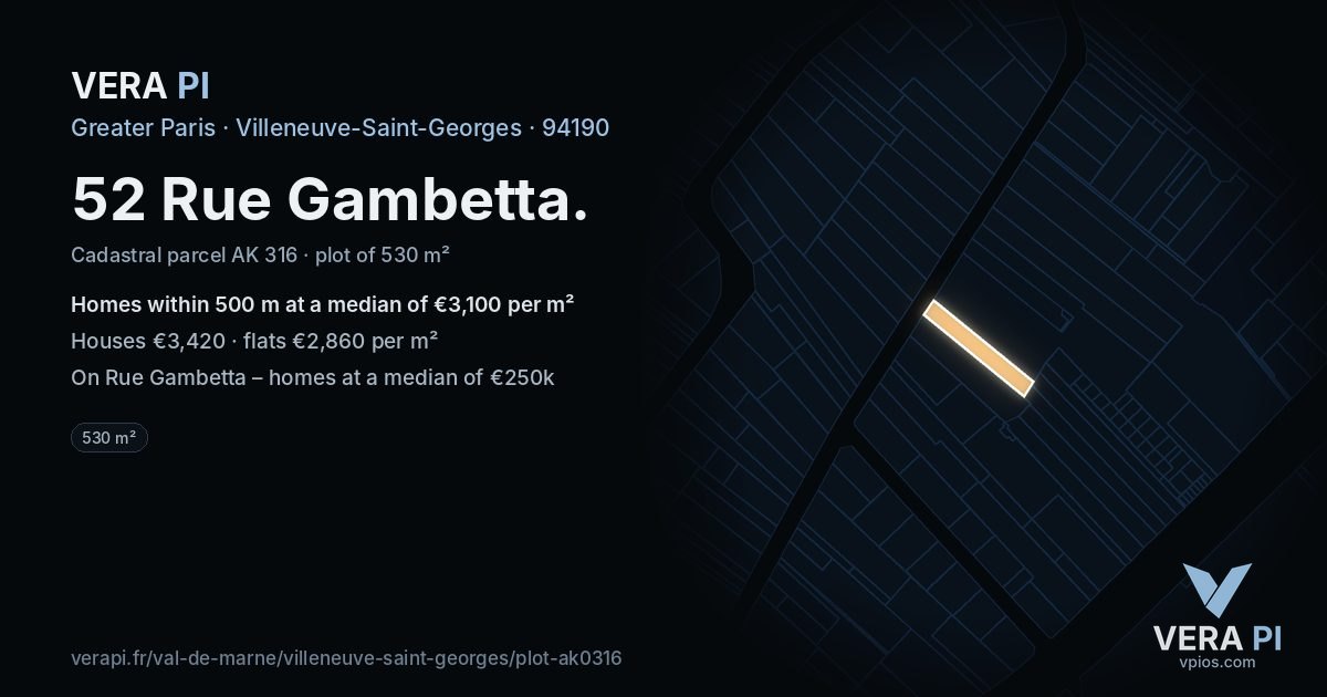 52 Rue Gambetta, Villeneuve-Saint-Georges at night – the plot lit, the parcels around coloured by the prices near them