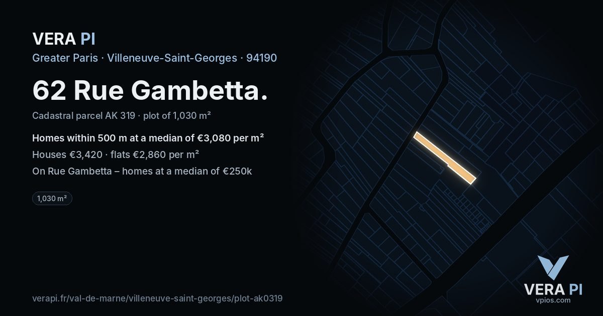 62 Rue Gambetta, Villeneuve-Saint-Georges at night – the plot lit, the parcels around coloured by the prices near them