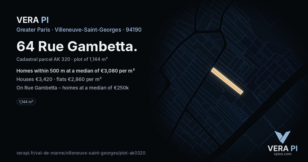 64 Rue Gambetta, Villeneuve-Saint-Georges at night – the plot lit, the parcels around coloured by the prices near them