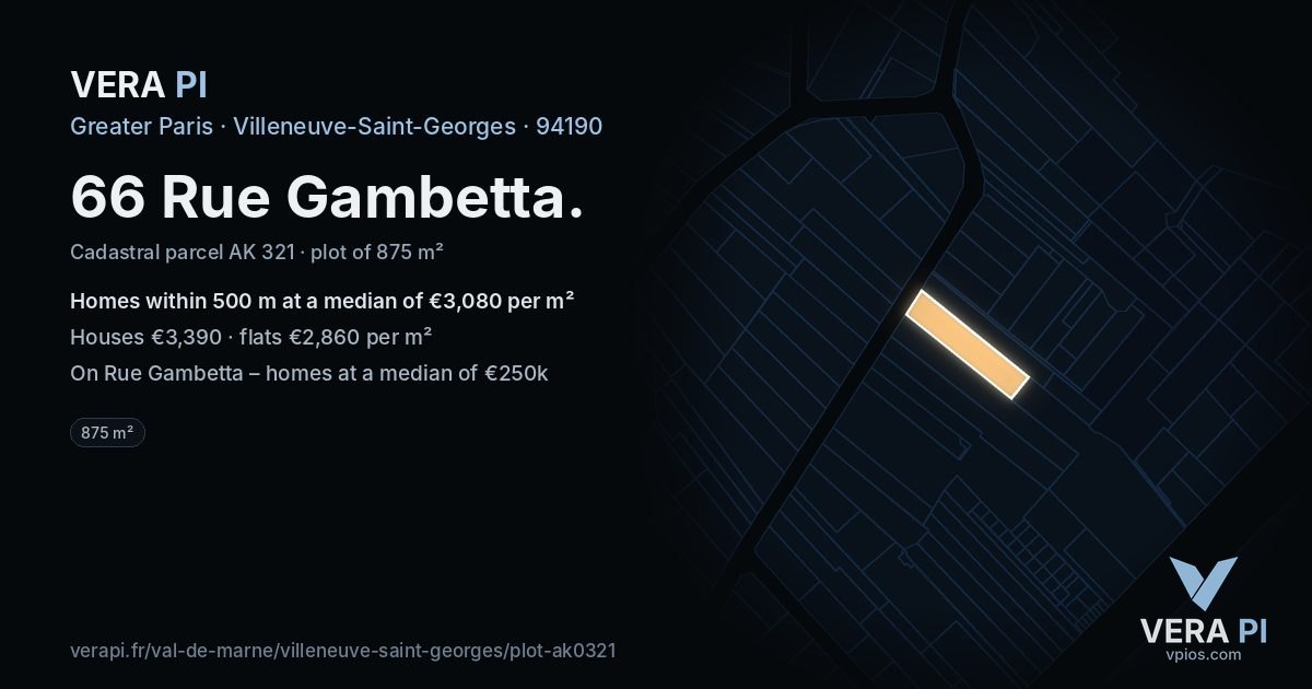 66 Rue Gambetta, Villeneuve-Saint-Georges at night – the plot lit, the parcels around coloured by the prices near them