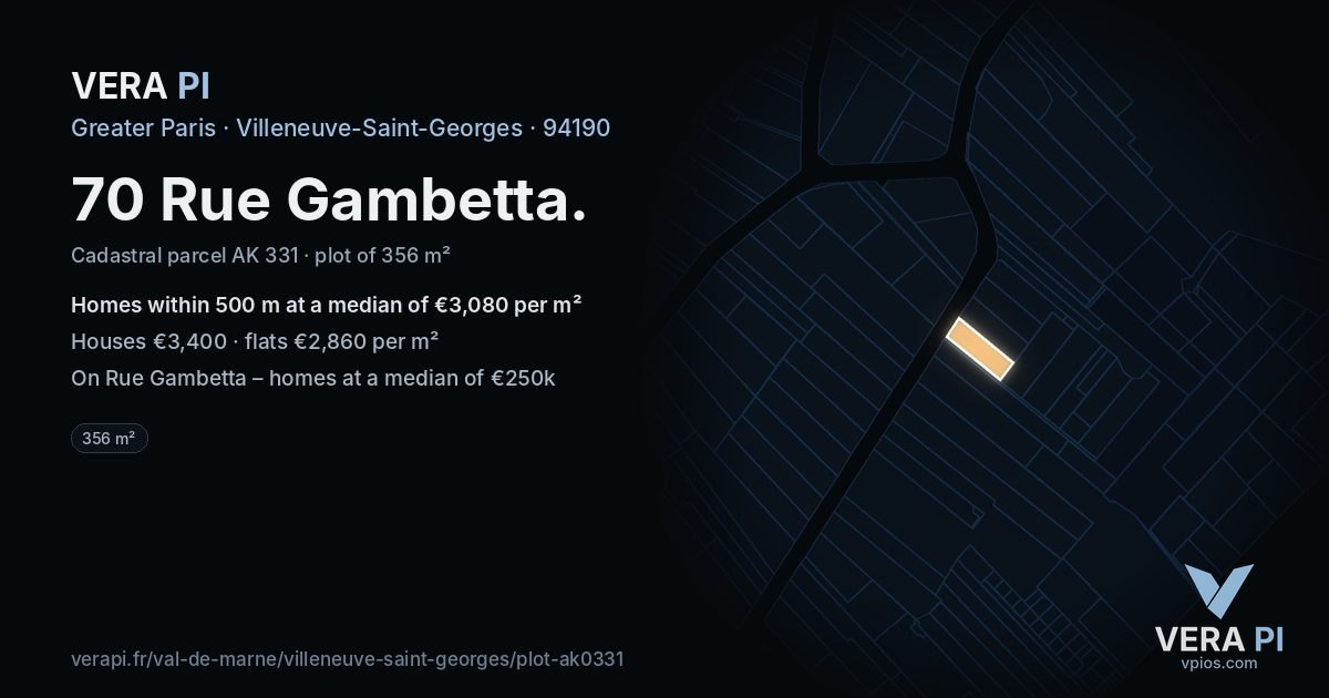 70 Rue Gambetta, Villeneuve-Saint-Georges at night – the plot lit, the parcels around coloured by the prices near them