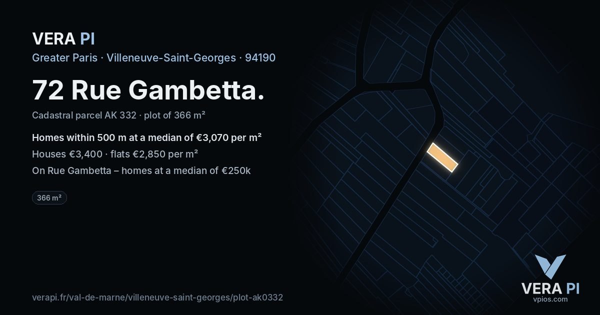 72 Rue Gambetta, Villeneuve-Saint-Georges at night – the plot lit, the parcels around coloured by the prices near them