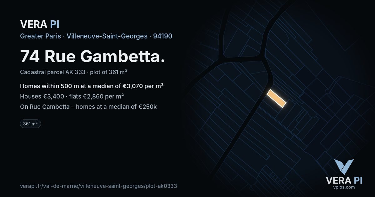 74 Rue Gambetta, Villeneuve-Saint-Georges at night – the plot lit, the parcels around coloured by the prices near them