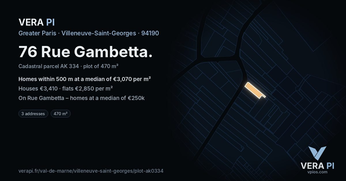 76 Rue Gambetta, Villeneuve-Saint-Georges at night – the plot lit, the parcels around coloured by the prices near them