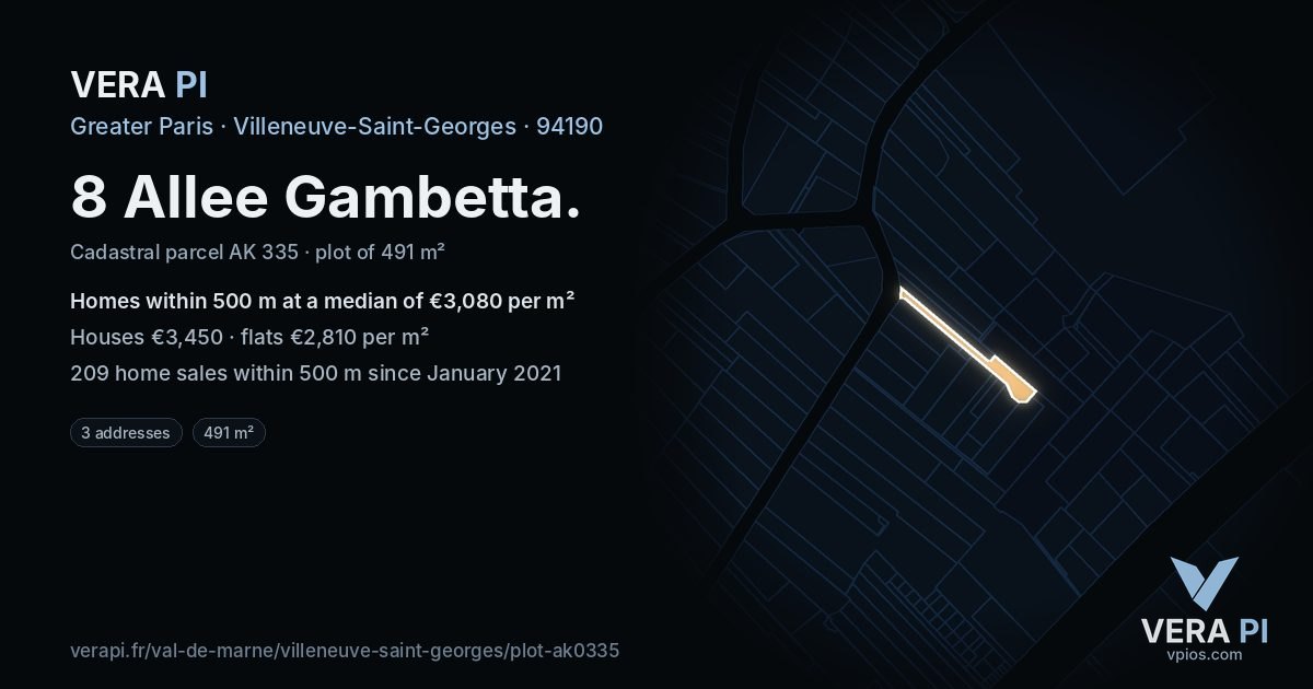 8 Allee Gambetta, Villeneuve-Saint-Georges at night – the plot lit, the parcels around coloured by the prices near them