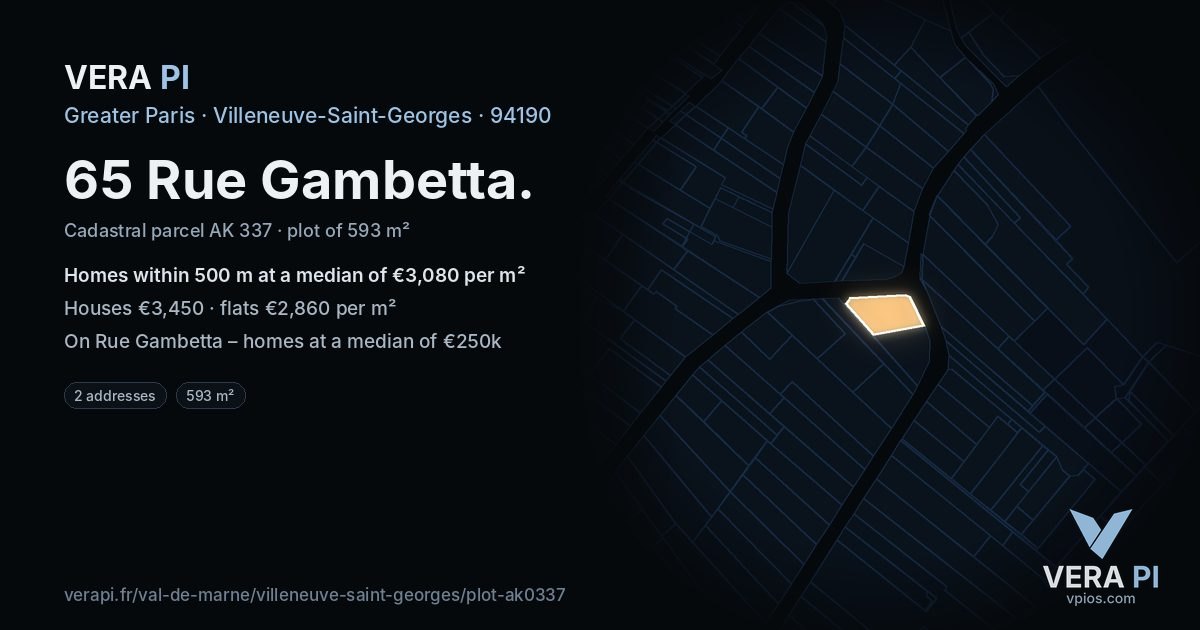 65 Rue Gambetta, Villeneuve-Saint-Georges at night – the plot lit, the parcels around coloured by the prices near them