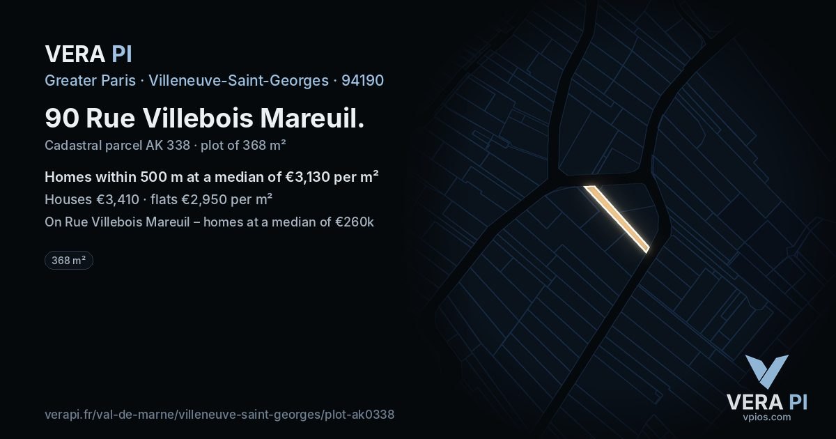 90 Rue Villebois Mareuil, Villeneuve-Saint-Georges at night – the plot lit, the parcels around coloured by the prices near them