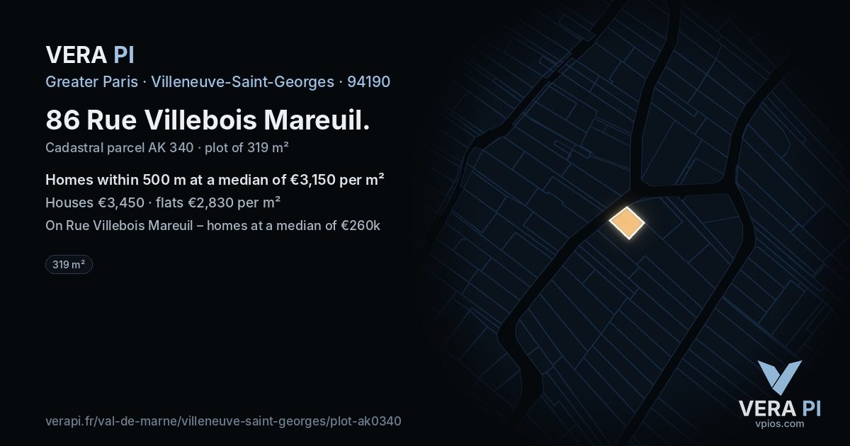 86 Rue Villebois Mareuil, Villeneuve-Saint-Georges at night – the plot lit, the parcels around coloured by the prices near them