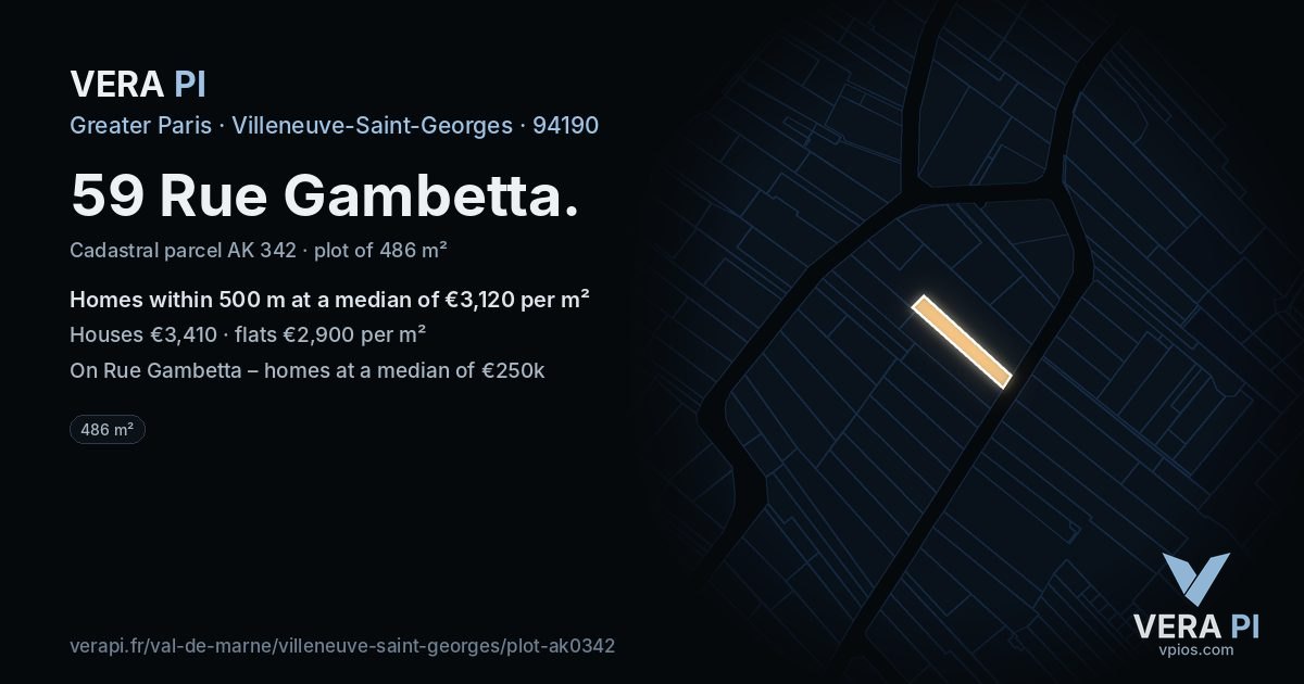 59 Rue Gambetta, Villeneuve-Saint-Georges at night – the plot lit, the parcels around coloured by the prices near them