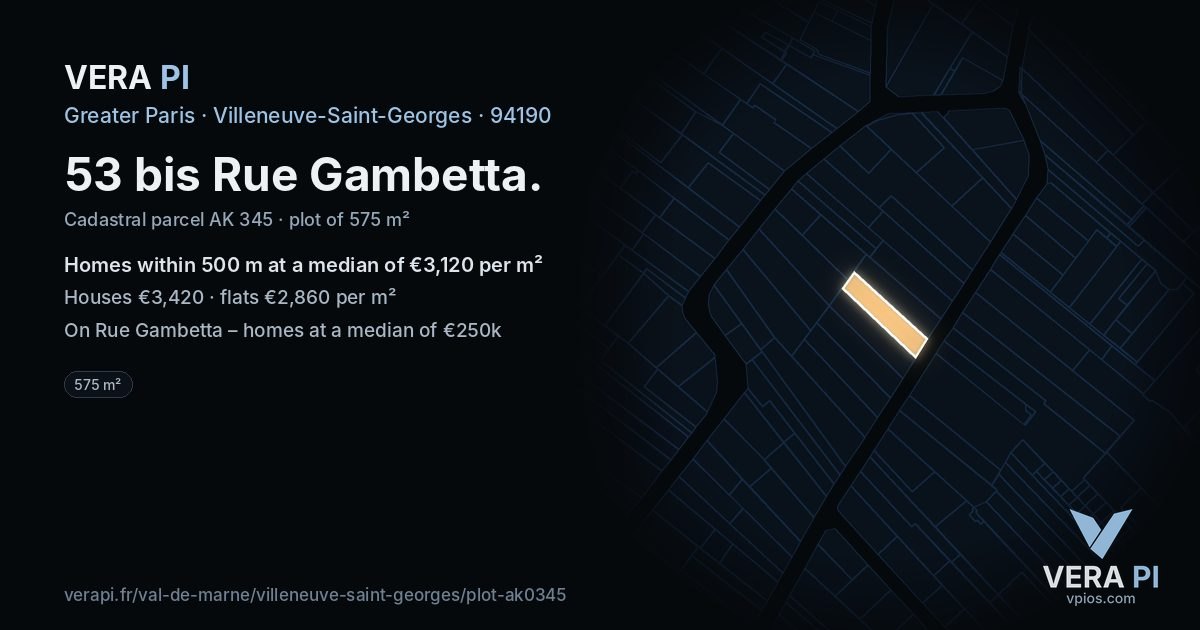 53 bis Rue Gambetta, Villeneuve-Saint-Georges at night – the plot lit, the parcels around coloured by the prices near them